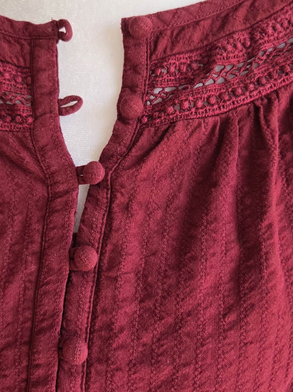 LOFT Textured Button-Front Peasant Top in Deep Burgundy 100% Cotton - Picture 2 of 5